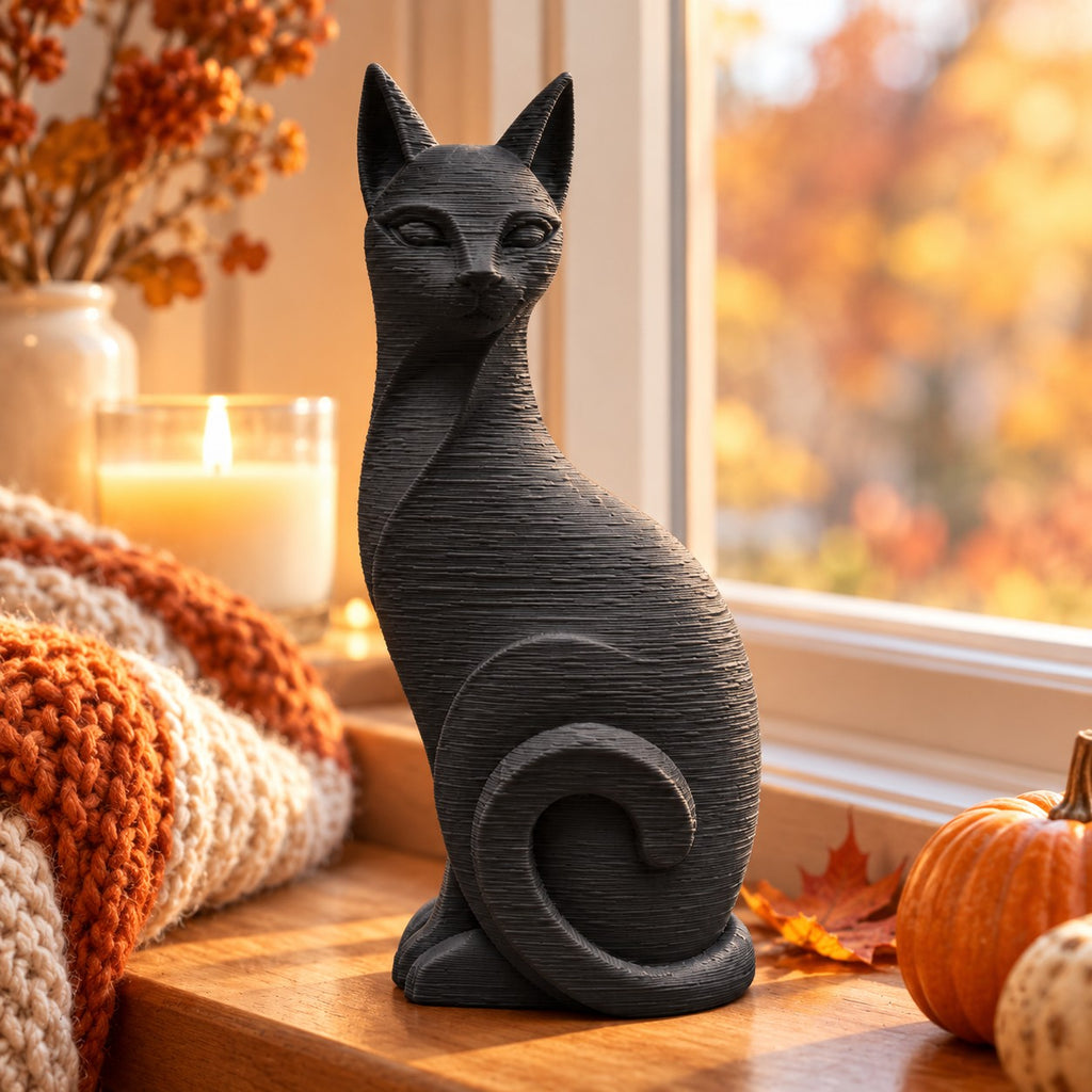 Cat Sculpture | Modern Minimalist 3D Printed Sitting Cat Statue | Cat Lover Shelf Decor