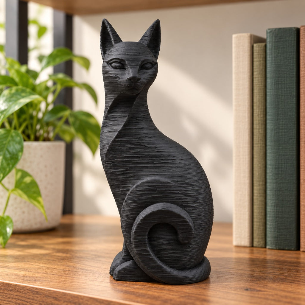 Cat Sculpture | Modern Minimalist 3D Printed Sitting Cat Statue | Cat Lover Shelf Decor