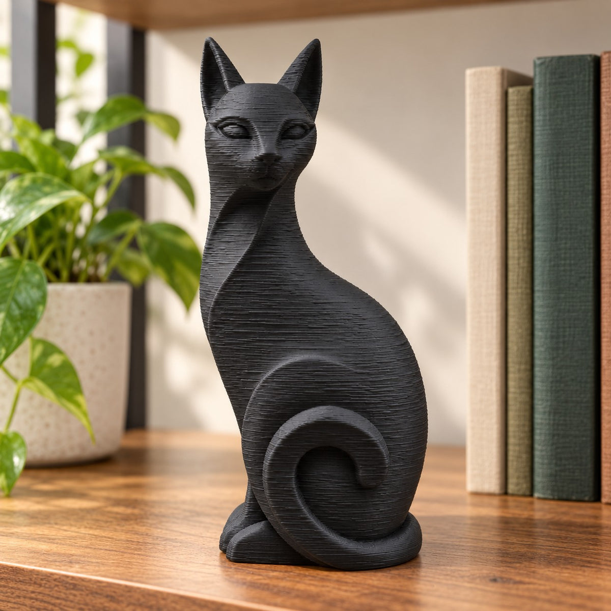 Cat Sculpture | Modern Minimalist 3D Printed Sitting Cat Statue | Cat Lover Shelf Decor