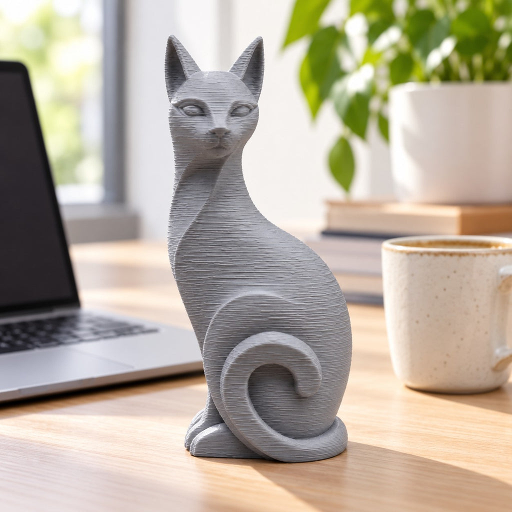 Cat Sculpture | Modern Minimalist 3D Printed Sitting Cat Statue | Cat Lover Shelf Decor
