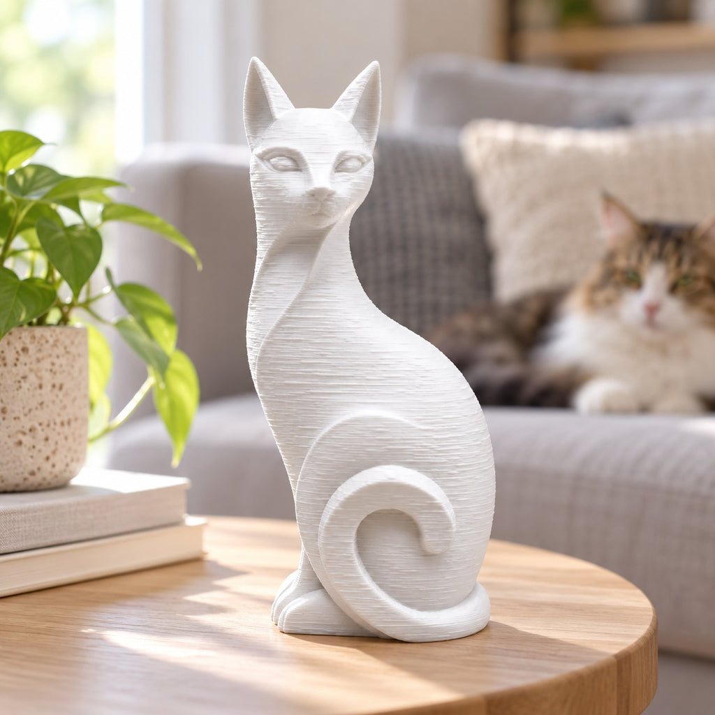 Cat Sculpture | Modern Minimalist 3D Printed Sitting Cat Statue | Cat Lover Shelf Decor