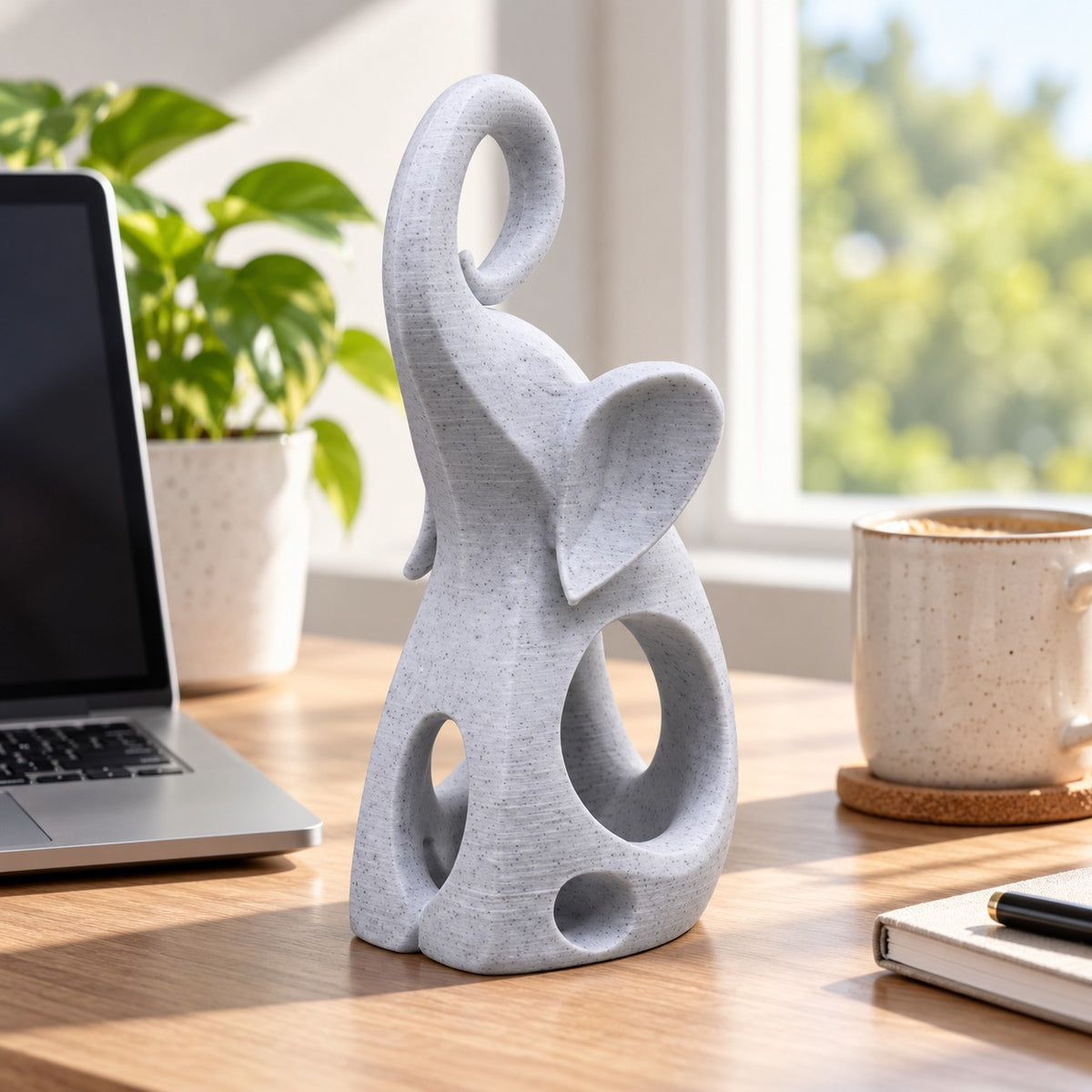 Elephant Sculpture | Modern Abstract 3D Printed Elephant Statue | Good Luck Shelf Decor