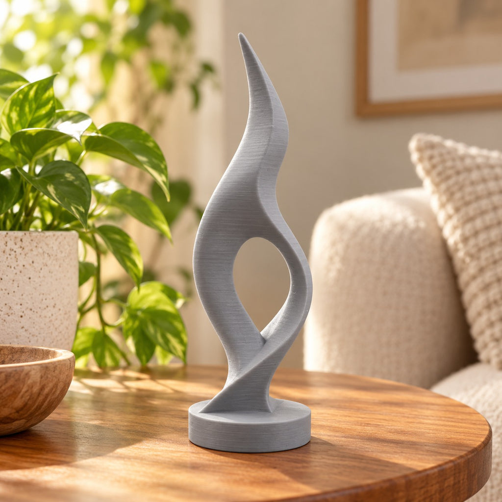 Flame Sculpture | Modern Abstract 3D Printed Twisted Flame Statue | Minimalist Shelf Decor