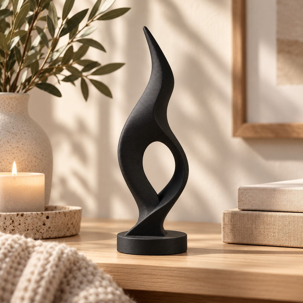 Flame Sculpture | Modern Abstract 3D Printed Twisted Flame Statue | Minimalist Shelf Decor
