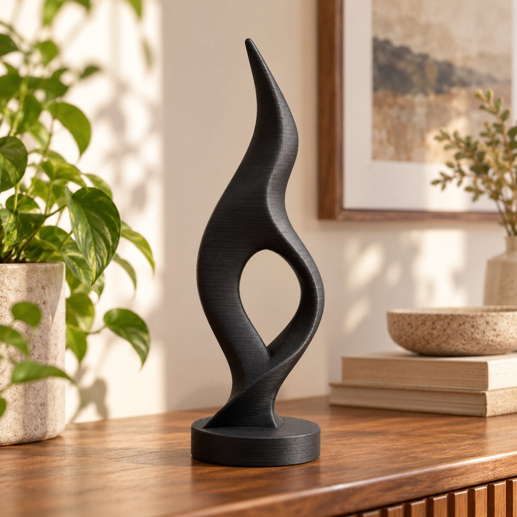 Flame Sculpture | Modern Abstract 3D Printed Twisted Flame Statue | Minimalist Shelf Decor