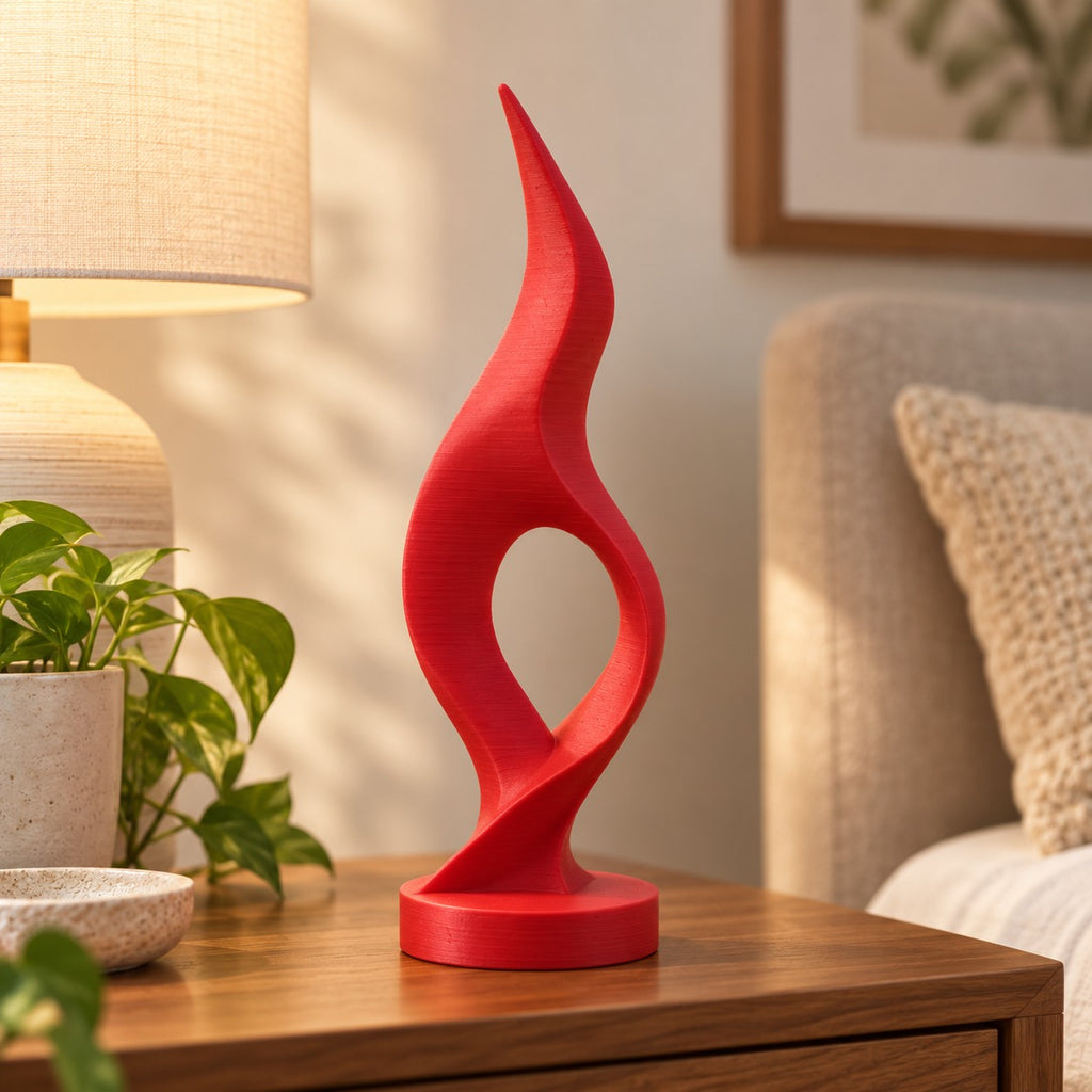Flame Sculpture | Modern Abstract 3D Printed Twisted Flame Statue | Minimalist Shelf Decor