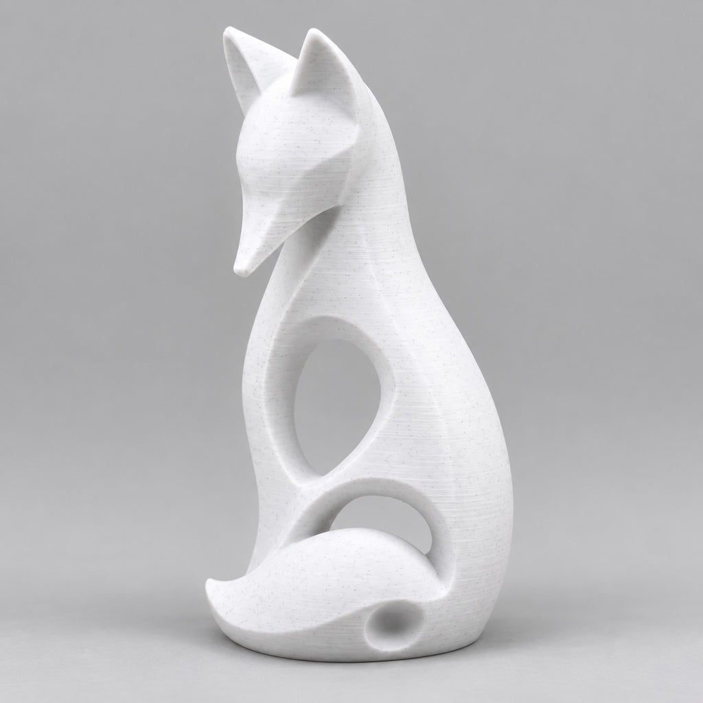 Sitting Fox Sculpture | Modern Abstract 3D Printed Fox Statue with Curled Tail | Woodland Decor