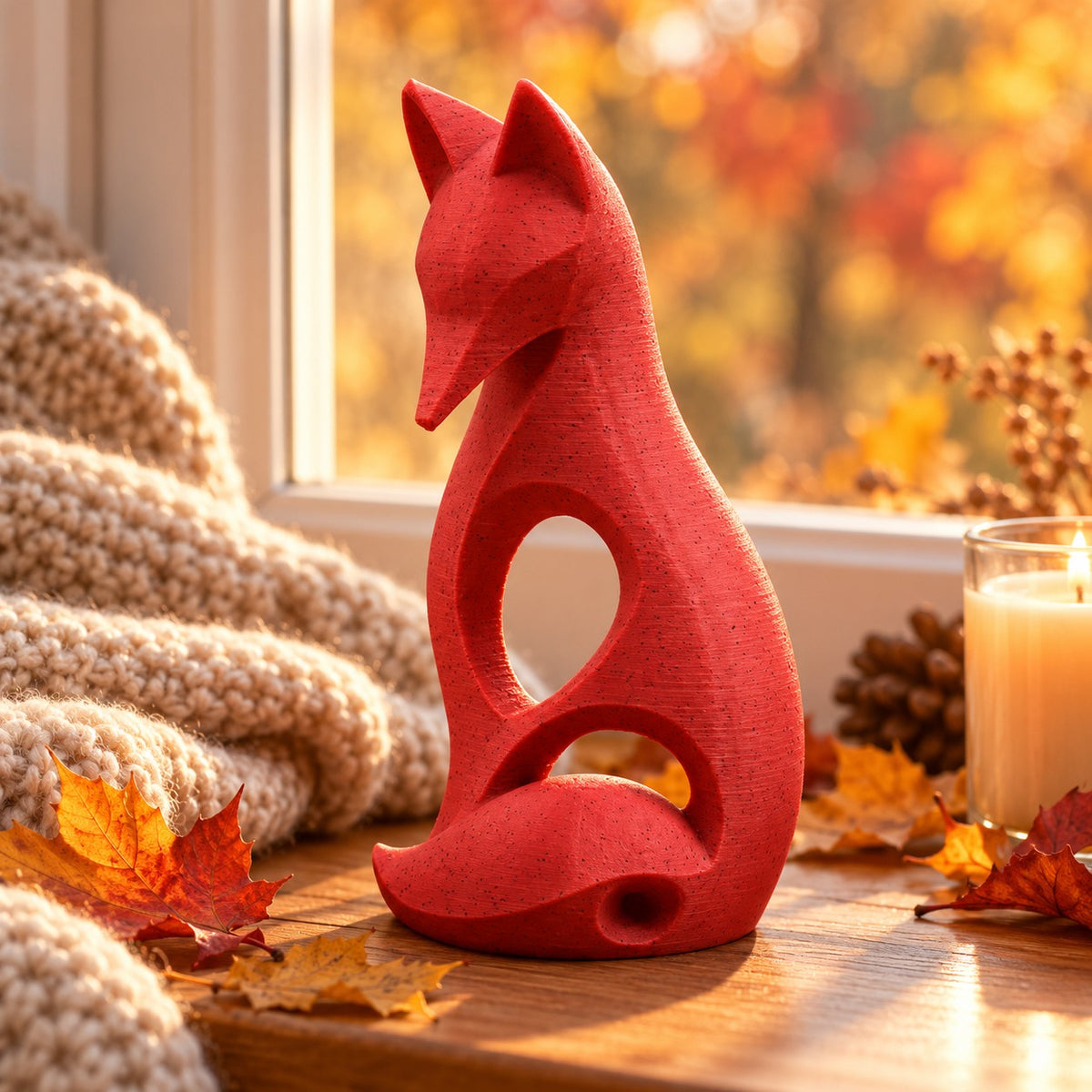 Sitting Fox Sculpture | Modern Abstract 3D Printed Fox Statue with Curled Tail | Woodland Decor