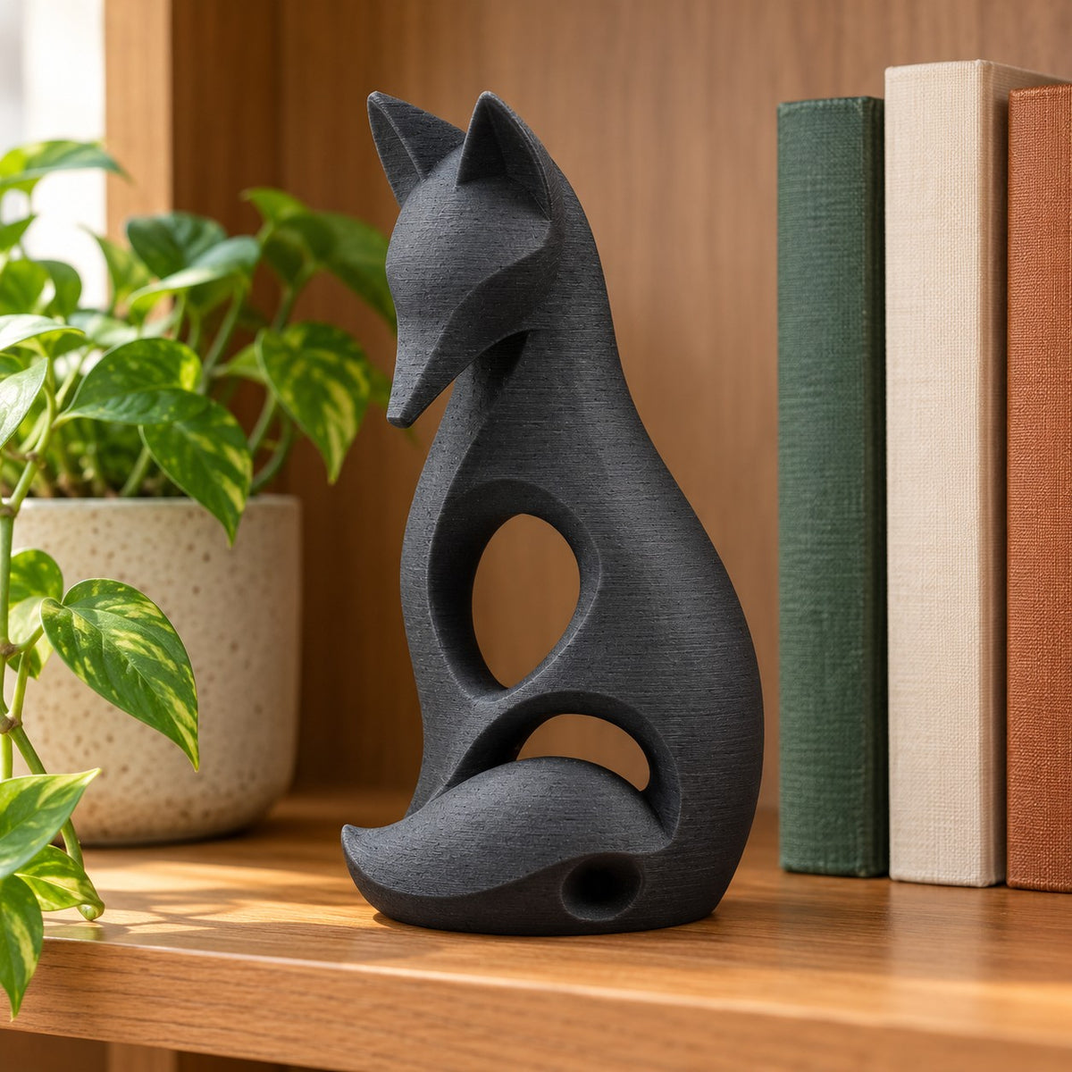 Sitting Fox Sculpture | Modern Abstract 3D Printed Fox Statue with Curled Tail | Woodland Decor