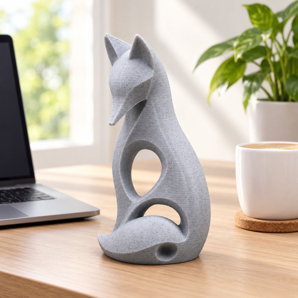 Sitting Fox Sculpture | Modern Abstract 3D Printed Fox Statue with Curled Tail | Woodland Decor