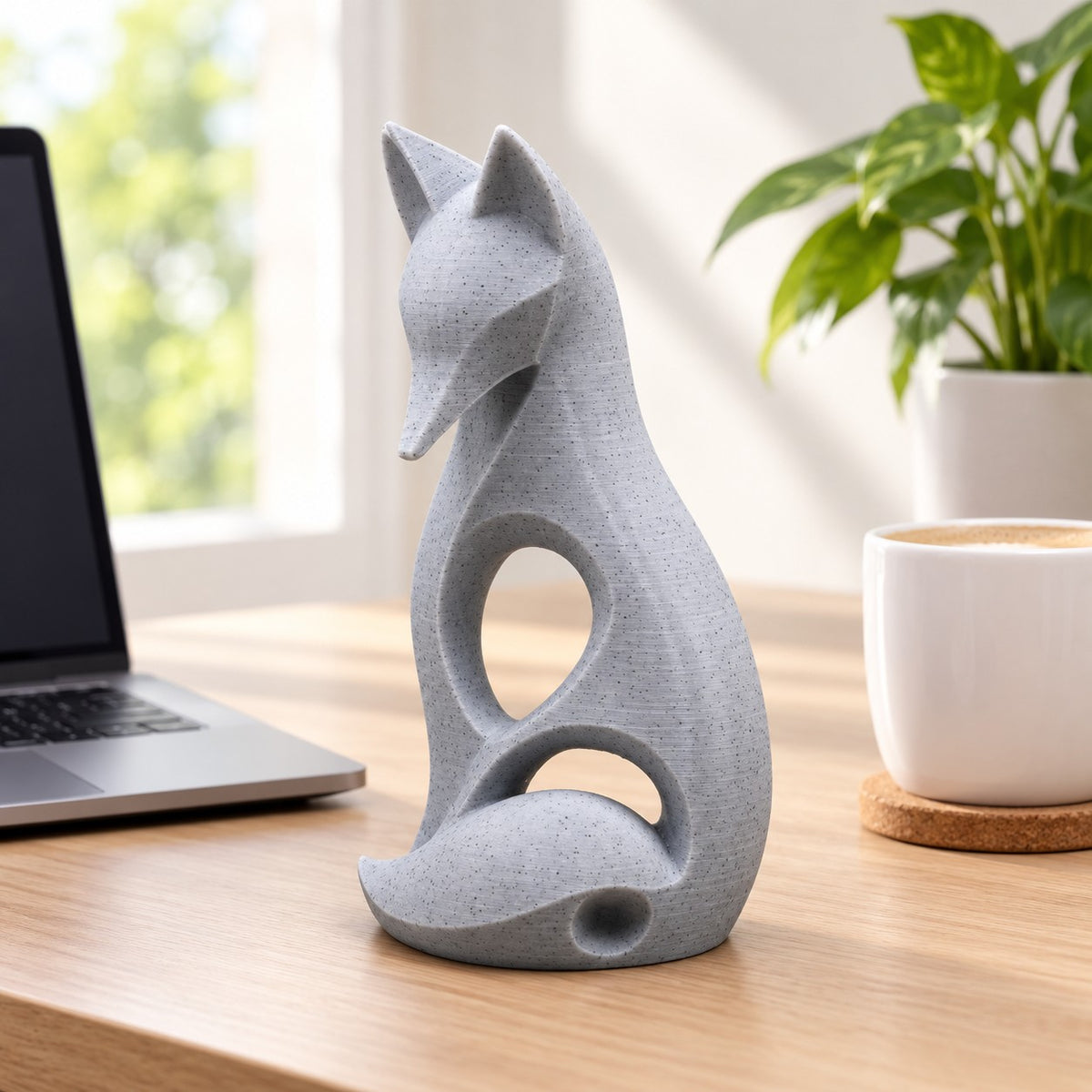 Sitting Fox Sculpture | Modern Abstract 3D Printed Fox Statue with Curled Tail | Woodland Decor