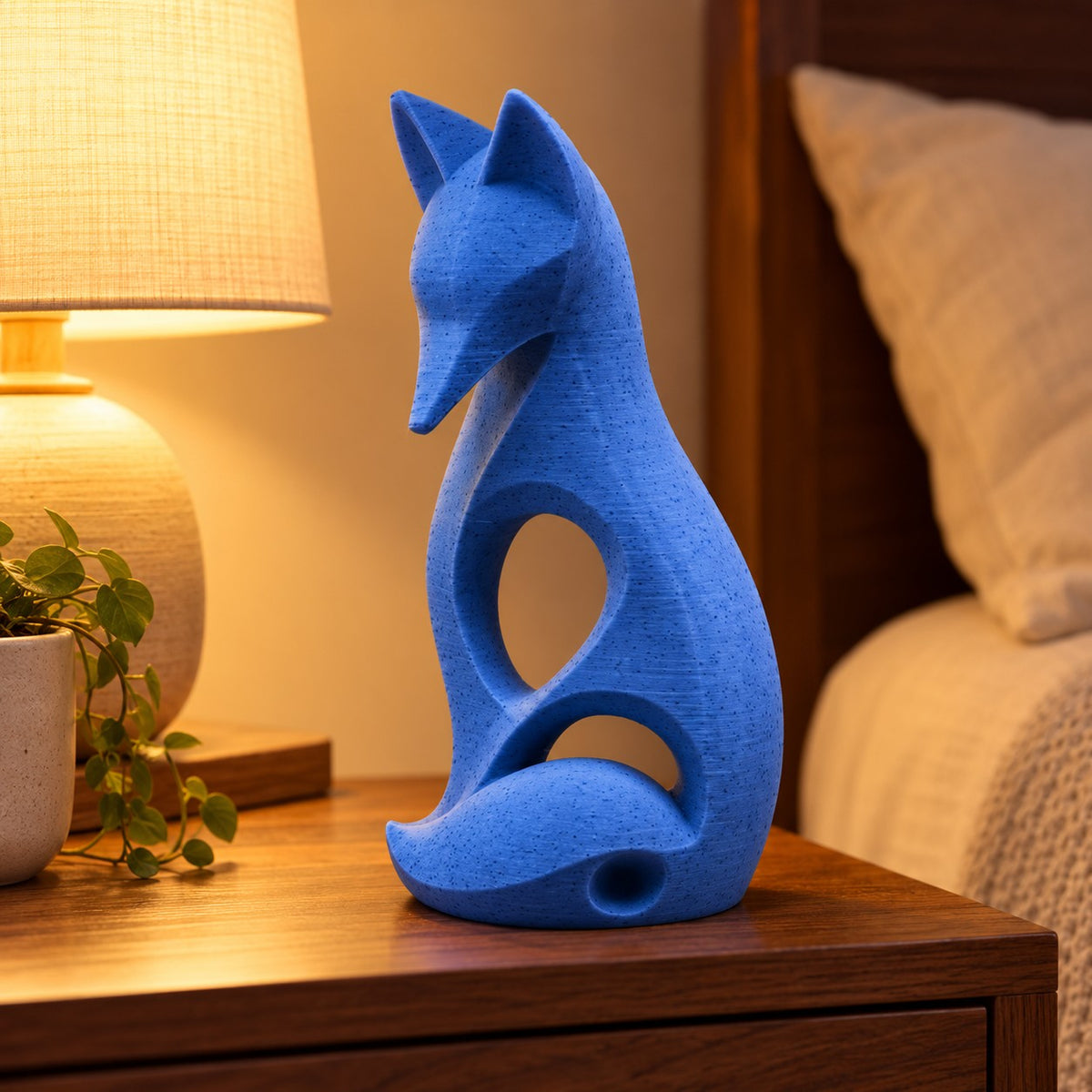 Sitting Fox Sculpture | Modern Abstract 3D Printed Fox Statue with Curled Tail | Woodland Decor