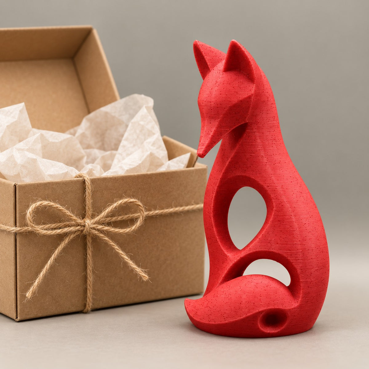 Sitting Fox Sculpture | Modern Abstract 3D Printed Fox Statue with Curled Tail | Woodland Decor