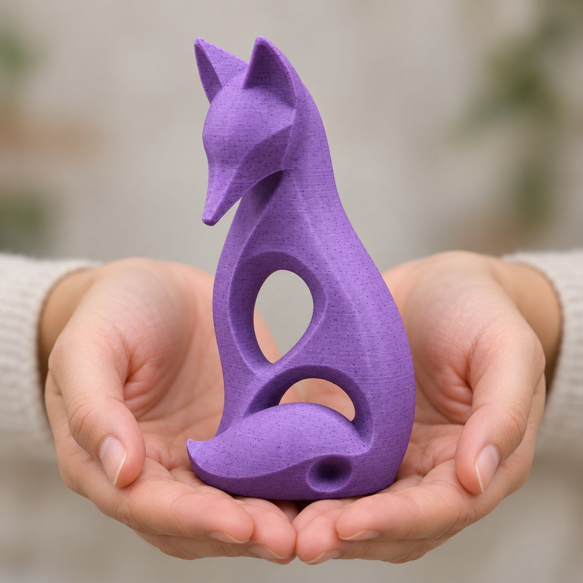 Sitting Fox Sculpture | Modern Abstract 3D Printed Fox Statue with Curled Tail | Woodland Decor