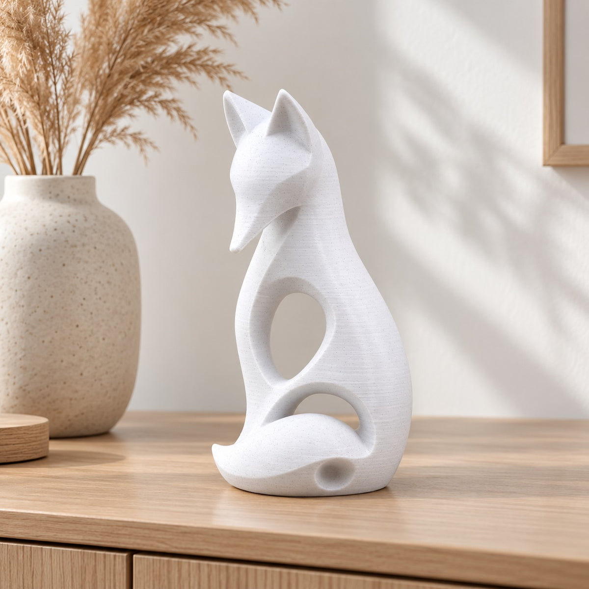 Sitting Fox Sculpture | Modern Abstract 3D Printed Fox Statue with Curled Tail | Woodland Decor