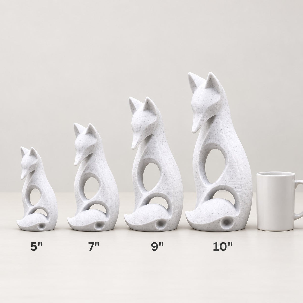 Sitting Fox Sculpture | Modern Abstract 3D Printed Fox Statue with Curled Tail | Woodland Decor