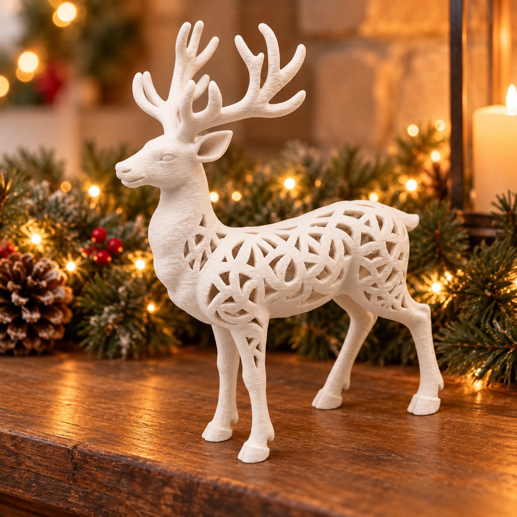 Filigree Reindeer Sculpture | 3D Printed Geometric Cut-Out Deer Statue | Christmas & Cabin Decor