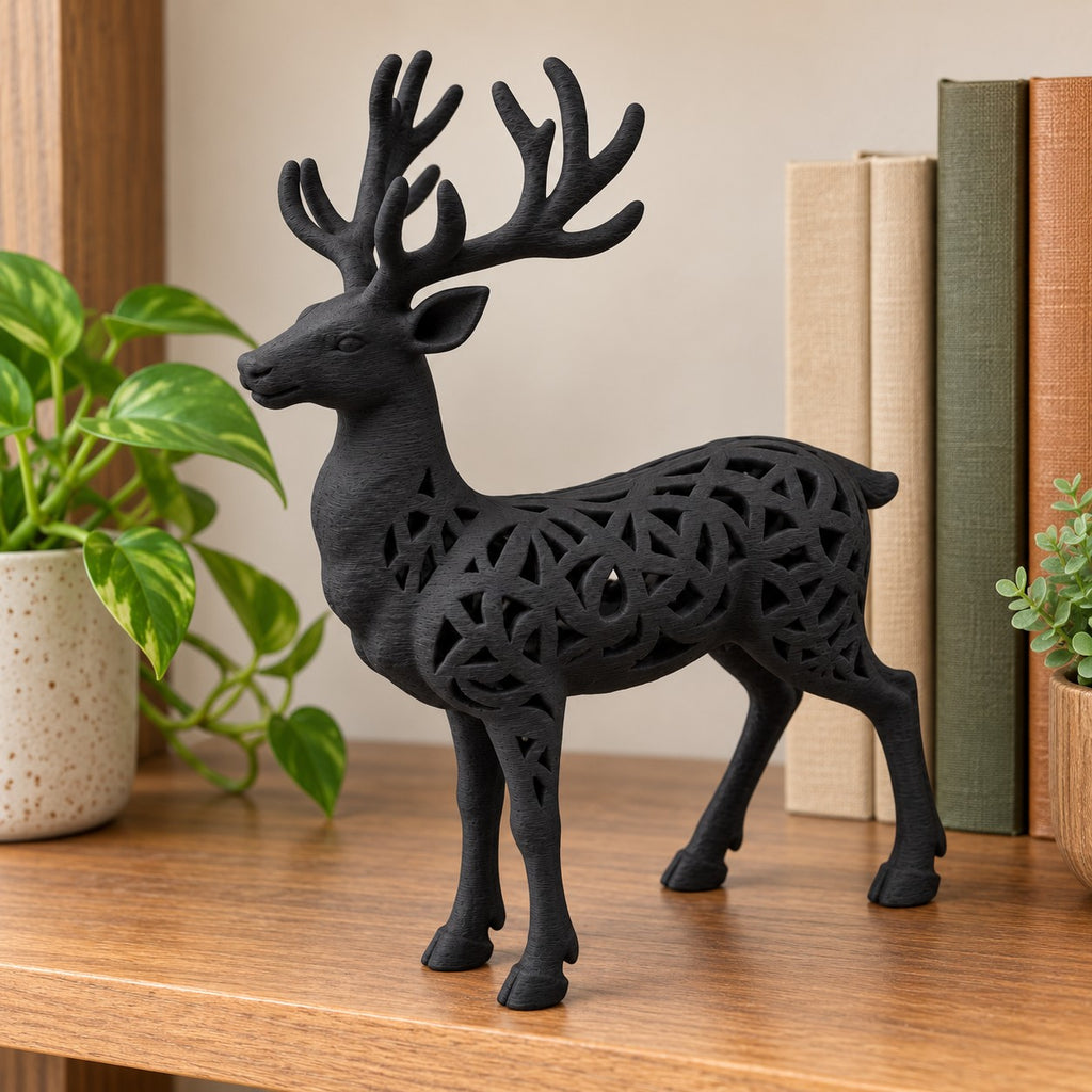 Filigree Reindeer Sculpture | 3D Printed Geometric Cut-Out Deer Statue | Christmas & Cabin Decor