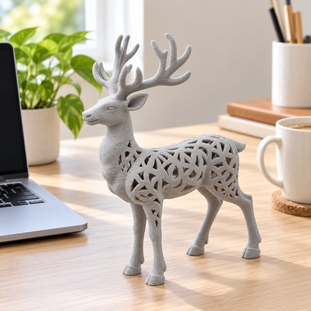 Filigree Reindeer Sculpture | 3D Printed Geometric Cut-Out Deer Statue | Christmas & Cabin Decor