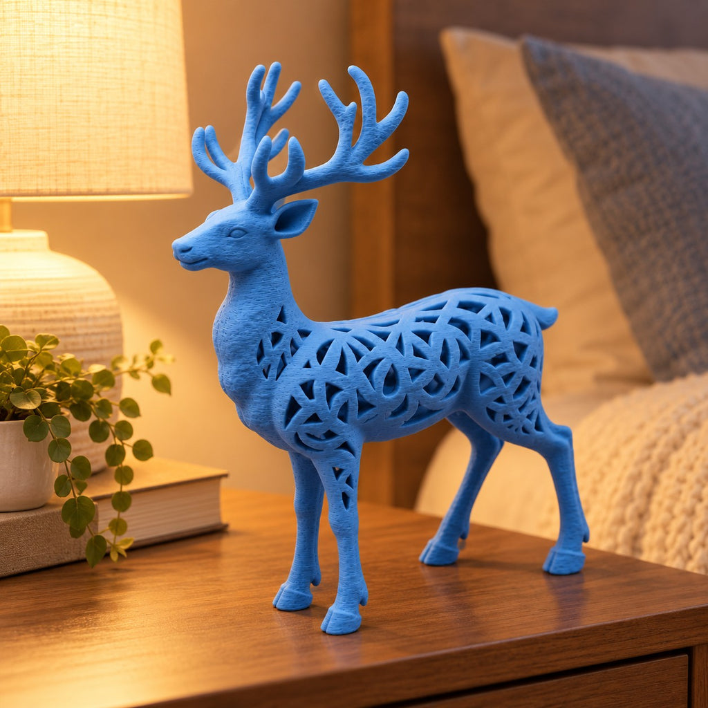 Filigree Reindeer Sculpture | 3D Printed Geometric Cut-Out Deer Statue | Christmas & Cabin Decor