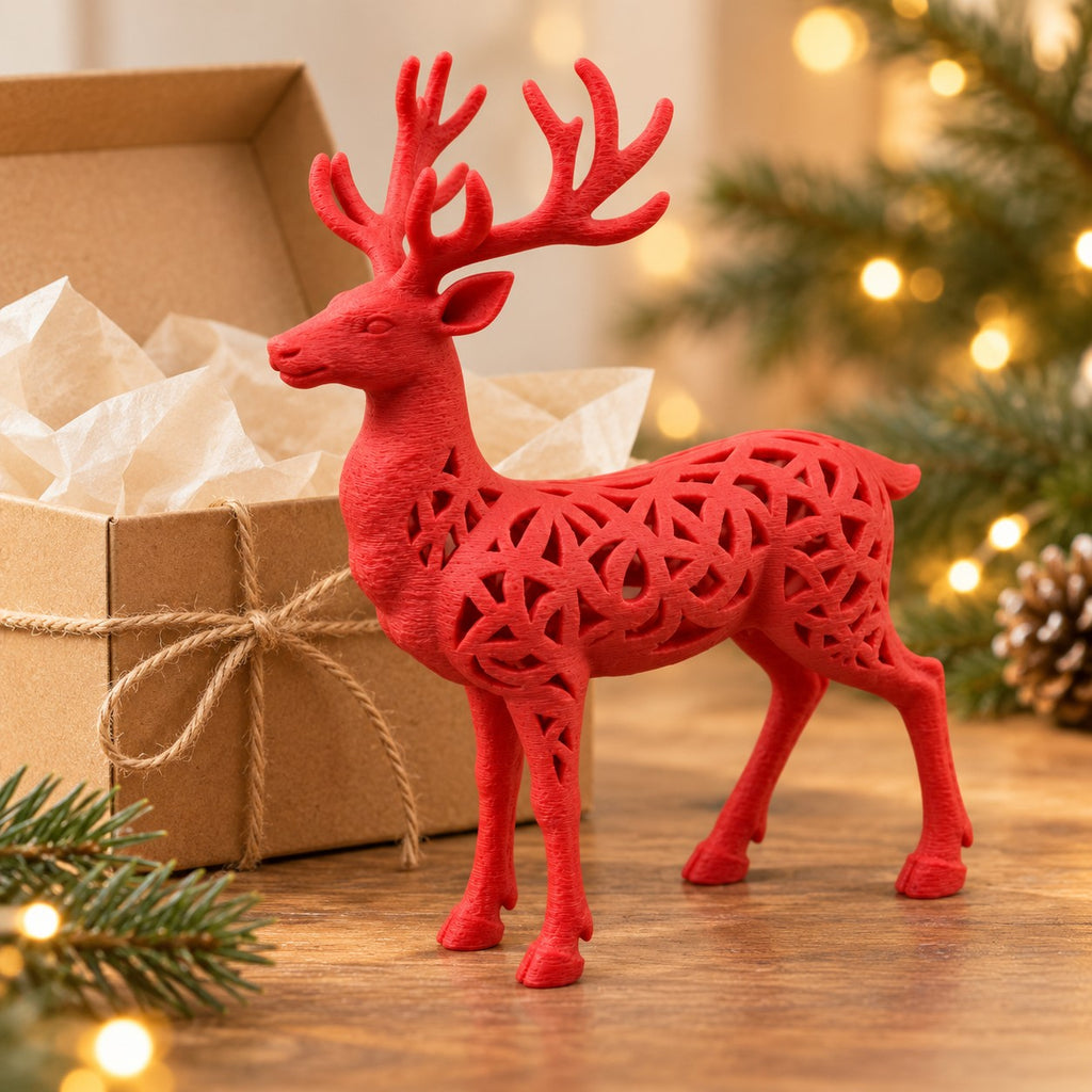 Filigree Reindeer Sculpture | 3D Printed Geometric Cut-Out Deer Statue | Christmas & Cabin Decor