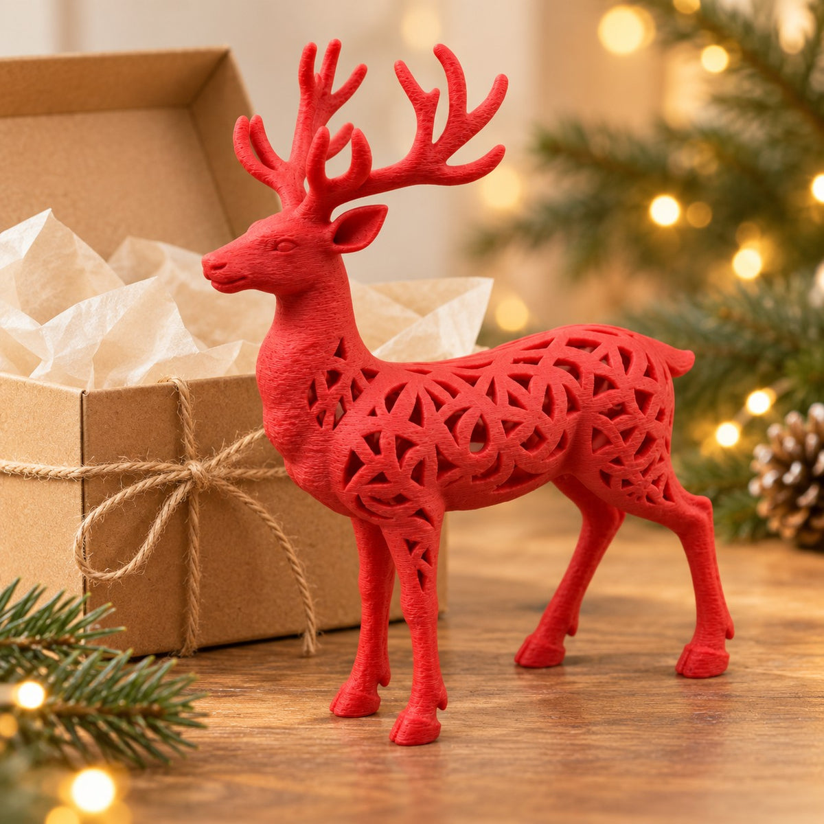 Filigree Reindeer Sculpture | 3D Printed Geometric Cut-Out Deer Statue | Christmas & Cabin Decor