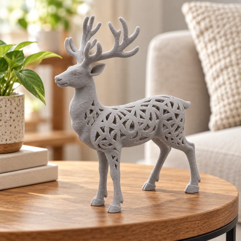 Filigree Reindeer Sculpture | 3D Printed Geometric Cut-Out Deer Statue | Christmas & Cabin Decor