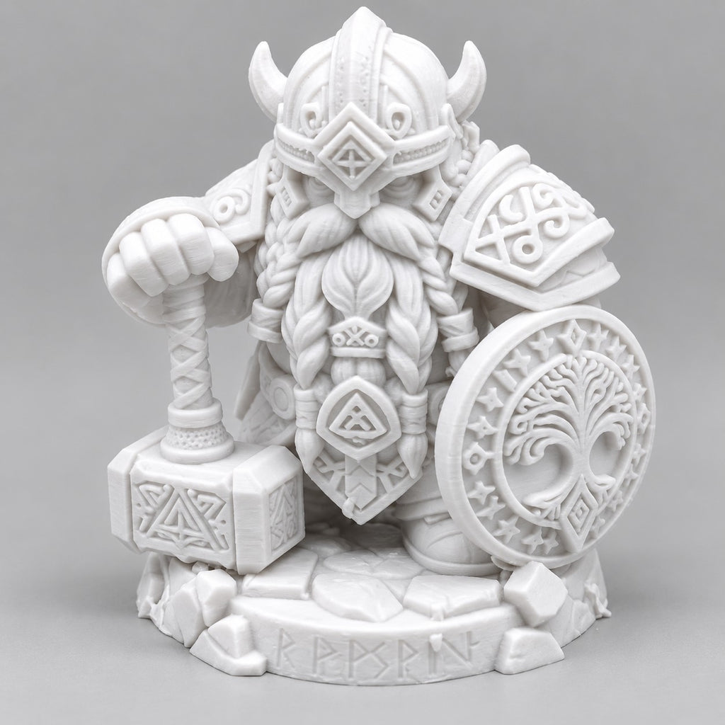 Dwarf Warrior Statue | 3D Printed Viking Dwarf with Hammer & Tree of Life Shield | Fantasy Decor