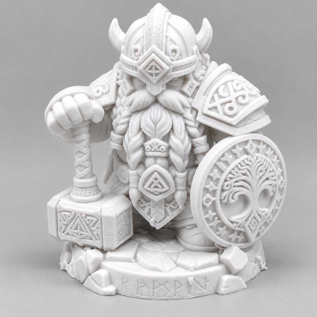 Dwarf Warrior Statue | 3D Printed Viking Dwarf with Hammer & Tree of Life Shield | Fantasy Decor