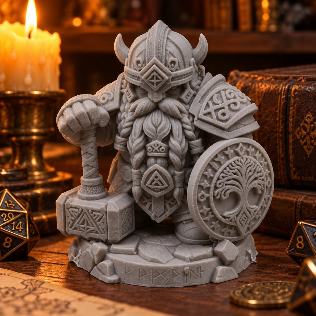 Dwarf Warrior Statue | 3D Printed Viking Dwarf with Hammer & Tree of Life Shield | Fantasy Decor