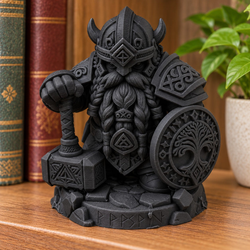 Dwarf Warrior Statue | 3D Printed Viking Dwarf with Hammer & Tree of Life Shield | Fantasy Decor