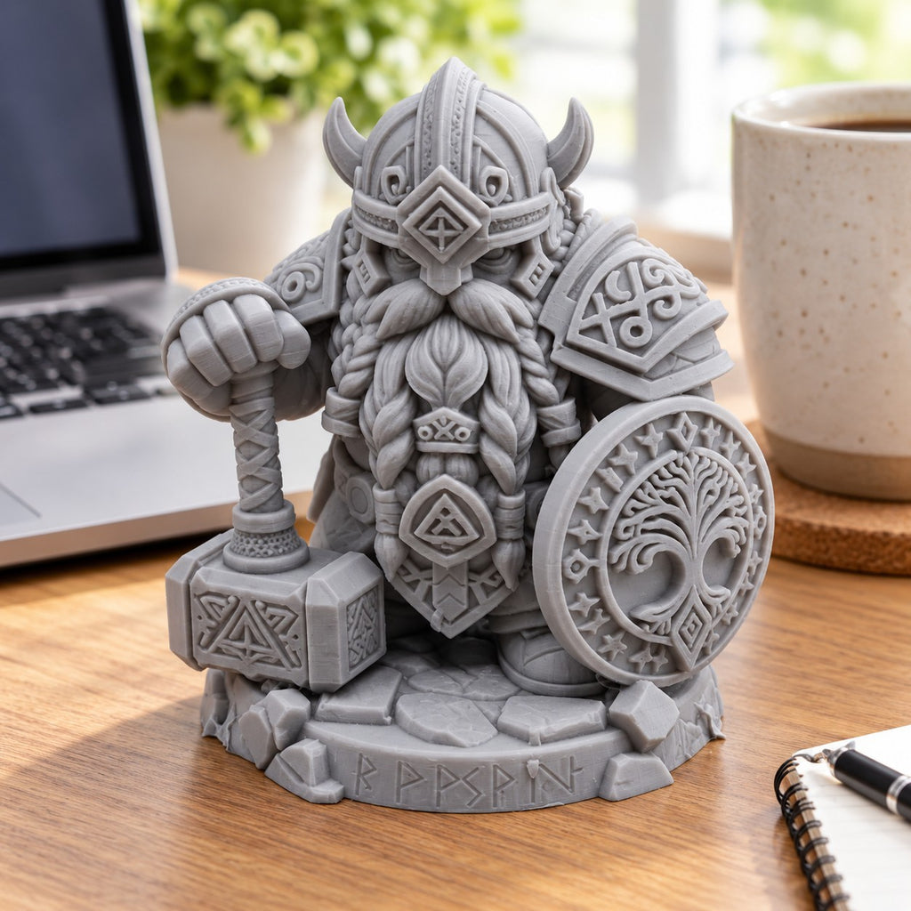 Dwarf Warrior Statue | 3D Printed Viking Dwarf with Hammer & Tree of Life Shield | Fantasy Decor