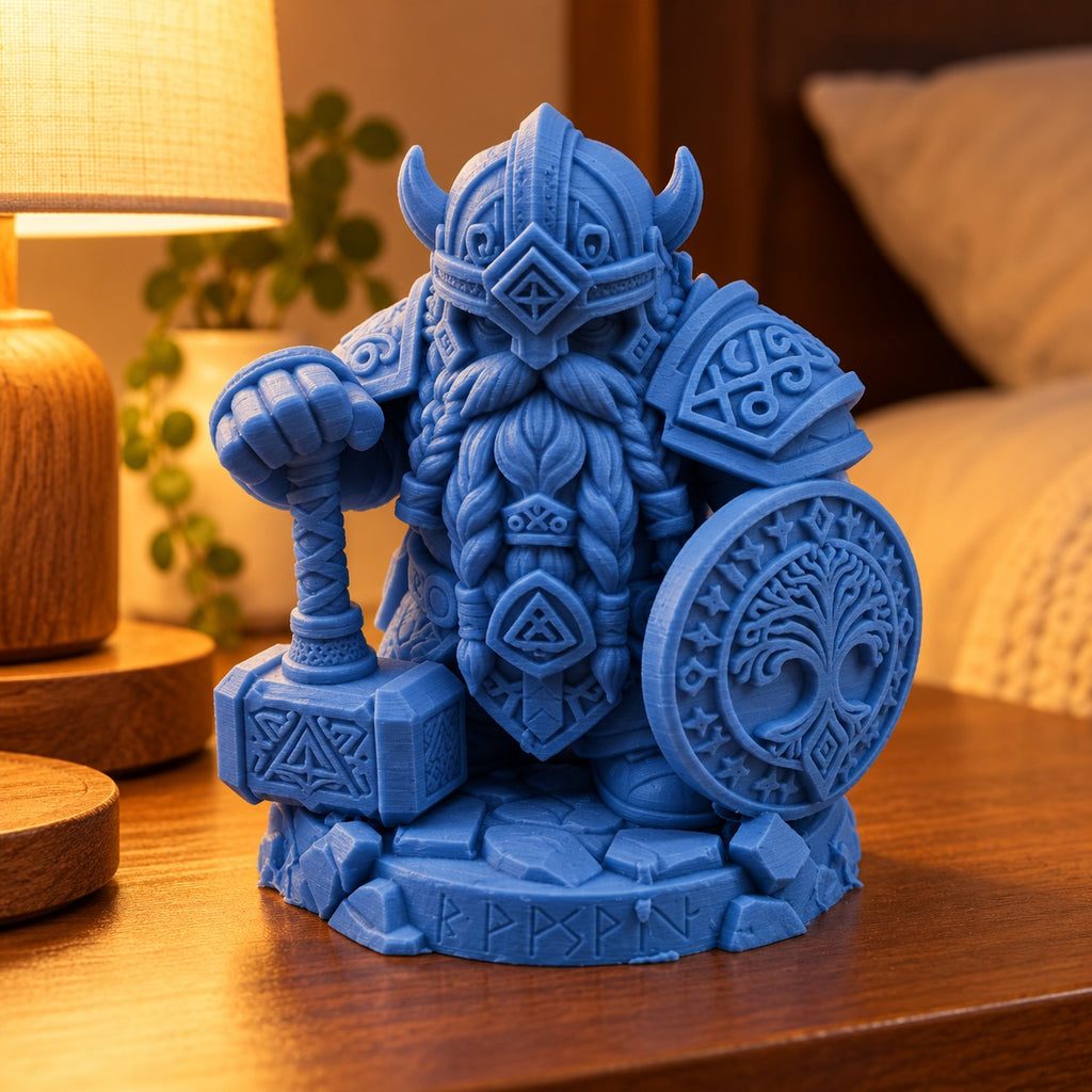 Dwarf Warrior Statue | 3D Printed Viking Dwarf with Hammer & Tree of Life Shield | Fantasy Decor