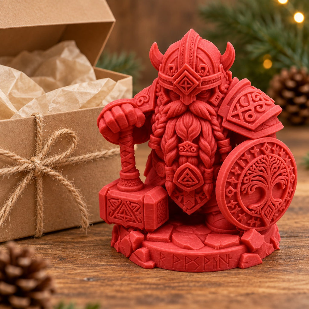 Dwarf Warrior Statue | 3D Printed Viking Dwarf with Hammer & Tree of Life Shield | Fantasy Decor