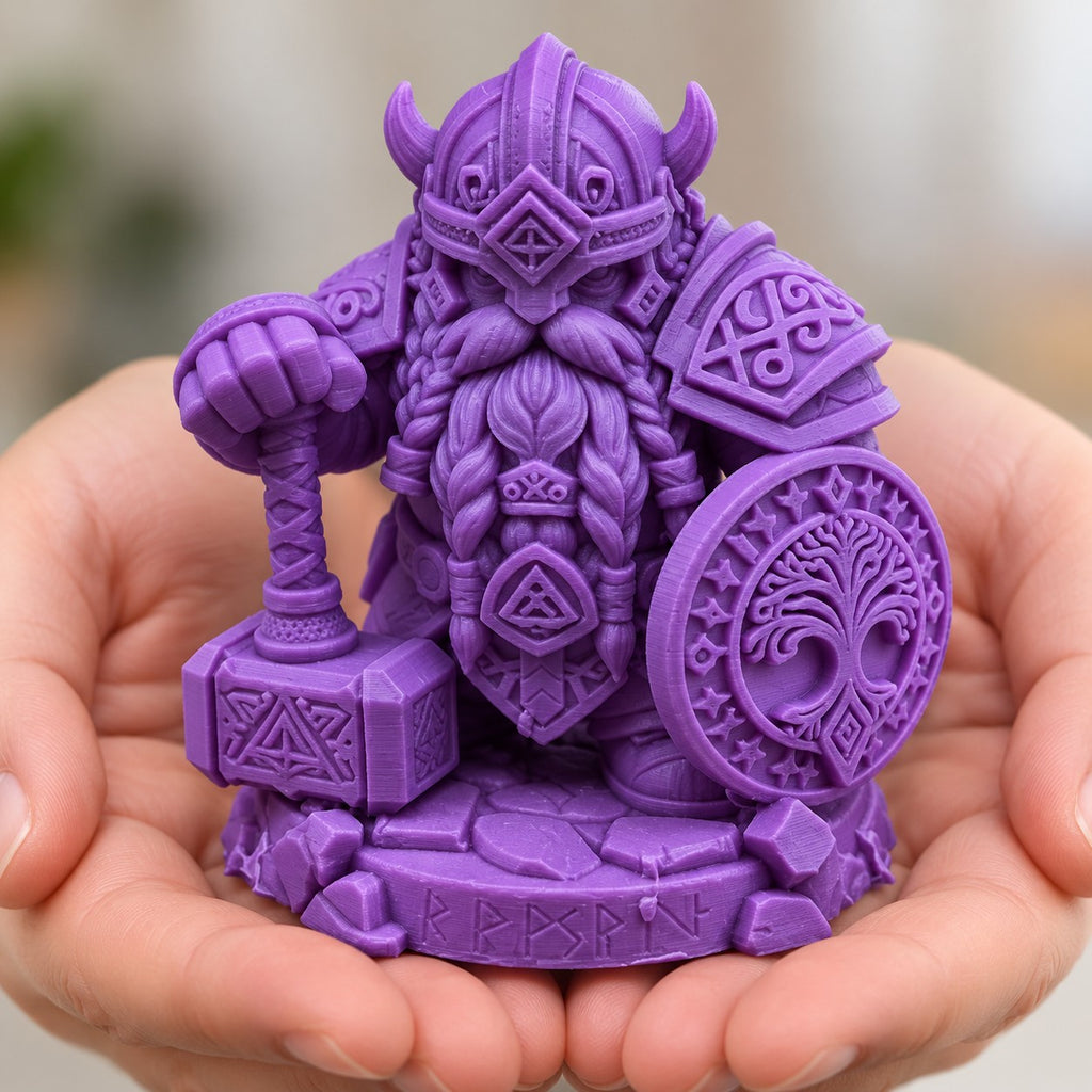 Dwarf Warrior Statue | 3D Printed Viking Dwarf with Hammer & Tree of Life Shield | Fantasy Decor
