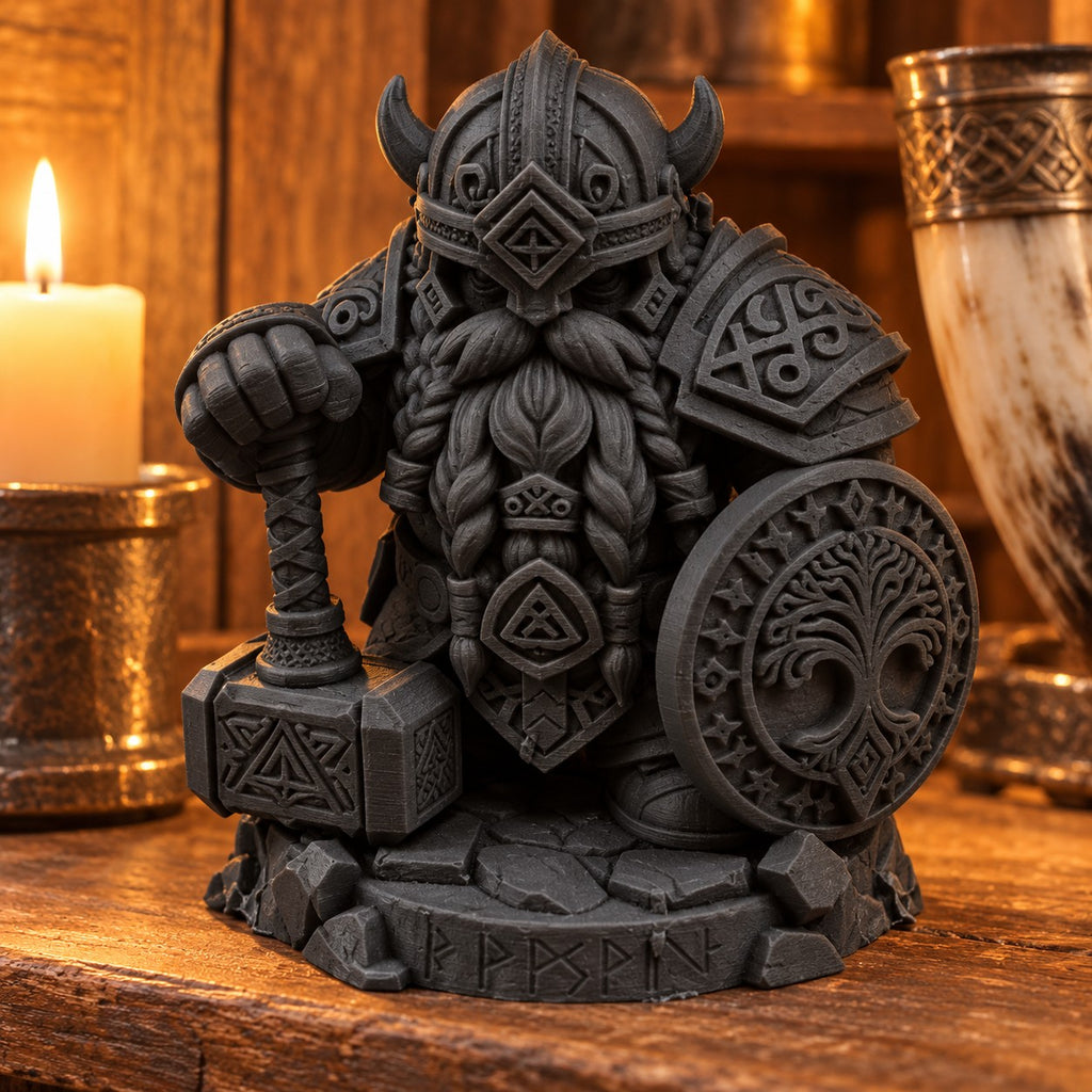 Dwarf Warrior Statue | 3D Printed Viking Dwarf with Hammer & Tree of Life Shield | Fantasy Decor