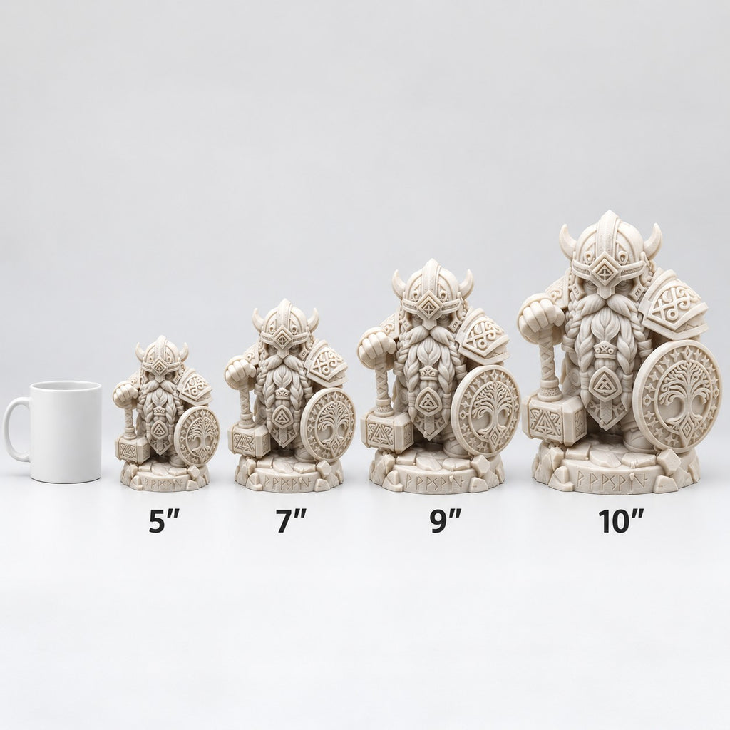 Dwarf Warrior Statue | 3D Printed Viking Dwarf with Hammer & Tree of Life Shield | Fantasy Decor